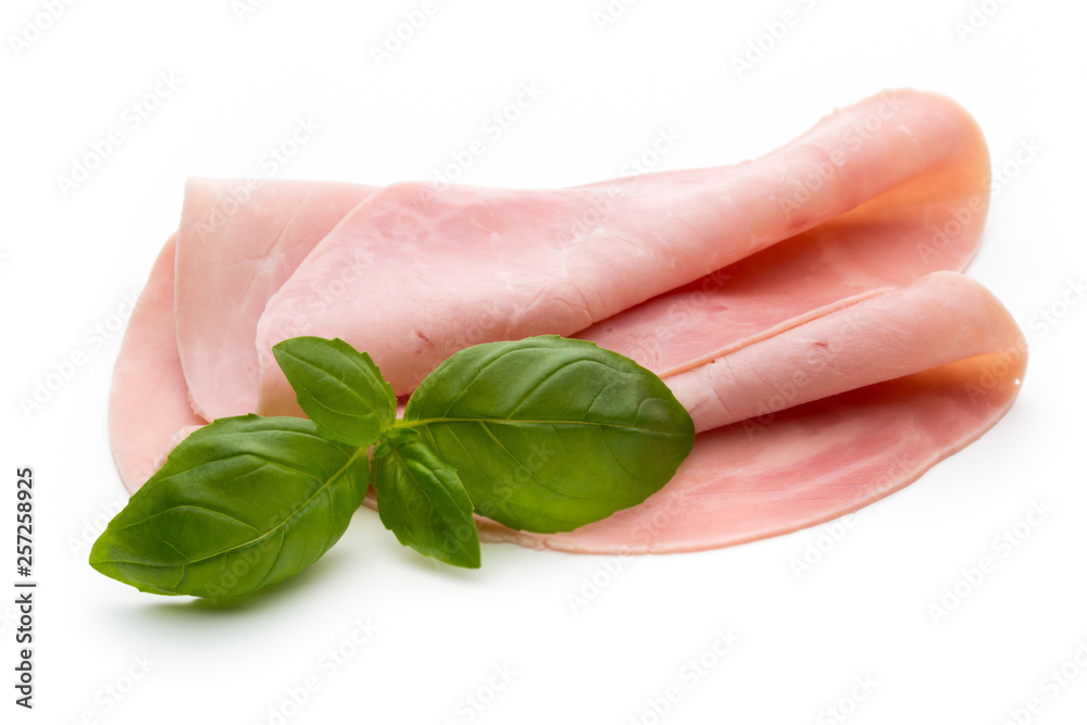 Sliced boiled ham sausage isolated on white background, top view. Sliced boiled ham sausage isolated on white background, top view.