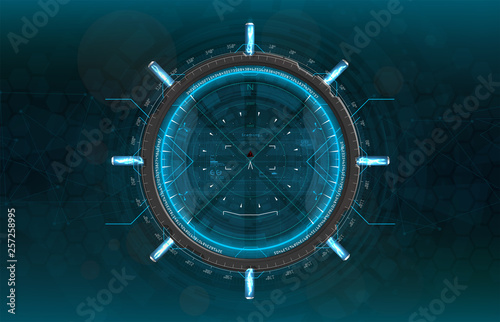 Modern aiming system. Sci-fi futuristic spaceship crosshair. Outline HUD user interface. Fullcolor interface. Techno target screen elements. Abstract Technology background. Vector gadget