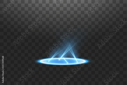Futuristic teleport. Magic fantasy portal. Light effect. Blue candles rays of a night scene with sparks on a transparent background. Empty light effect of the podium. Disco club dancefloor.