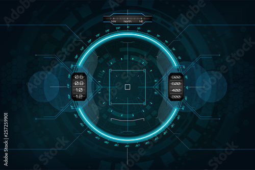 Modern aiming system. Sci-fi futuristic spaceship crosshair. Outline HUD user interface. Fullcolor interface. Techno target screen elements. Abstract Technology background. Vector gadget