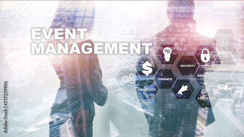  Event management Concept. Event management flowchart. Event management related items. Mixed media business. © Funtap