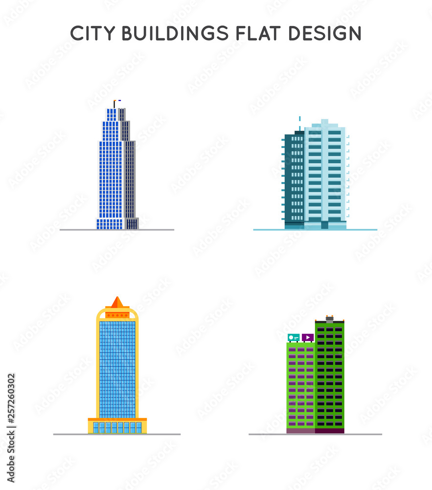 Vector Flat design of retro and modern city houses. Old buildings, skyscrapers.