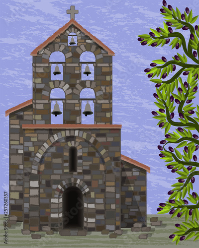 Old stone church with bells and arched entrance in visigoth styles and olive tree, vector illustration