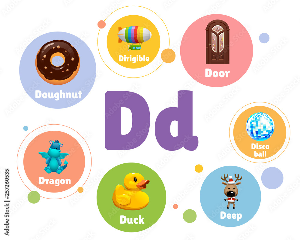 Vector set of alphabet letter D with words and objects