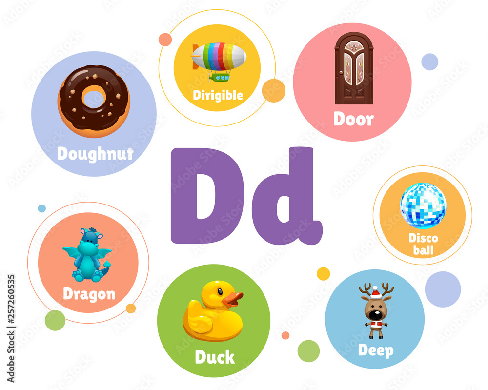 Vector set of alphabet letter D with words and objects Stock Vector