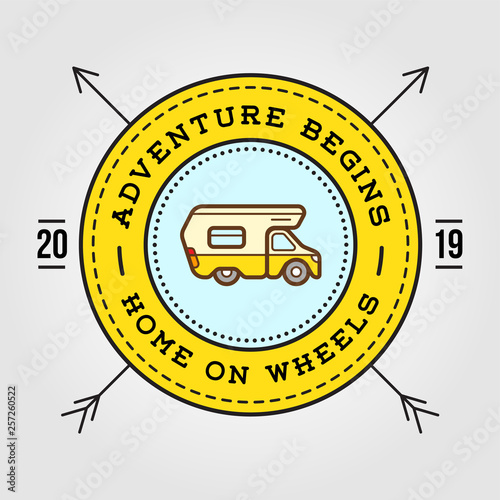 Camper Car Logo Design Template. Home on Wheels. Adventure Family Expedition. Vector.