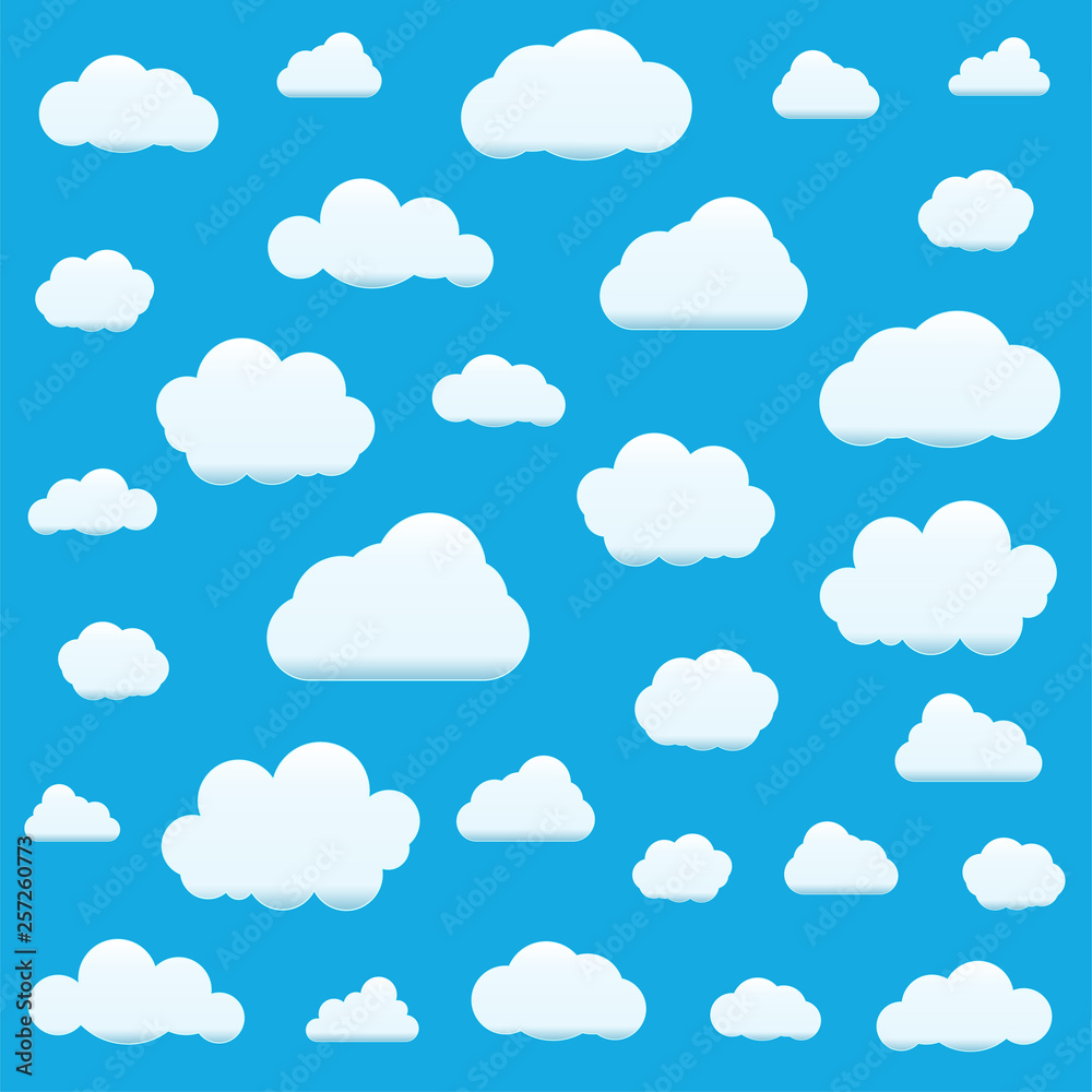 Set of Clouds Isolated on Sky Background. Seamless Pattern. Collection of clouds for Web, Poster, Placard, Wallpaper. Creative Modern Concept. Vector illustration.