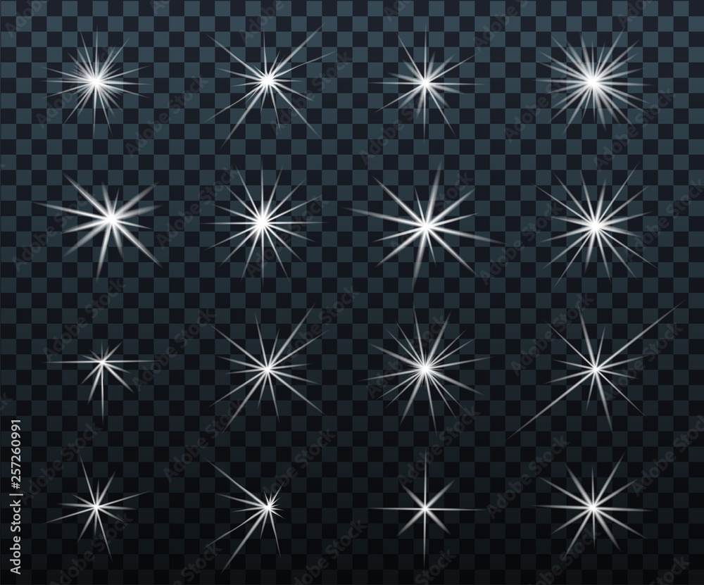 Set of Glowing light effects. Sparkles. Shining stars, bright flashes of lights with a radiating. Transparent light effects in vector. Set of Glowing light effects. Sparkles. Shining stars, bright flashes of lights with a radiating. Transparent light effects in vector.