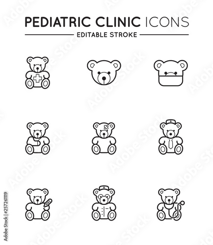 Outline icons set. Pediatric hospital clinic and medical care. Editable stroke. Vector.