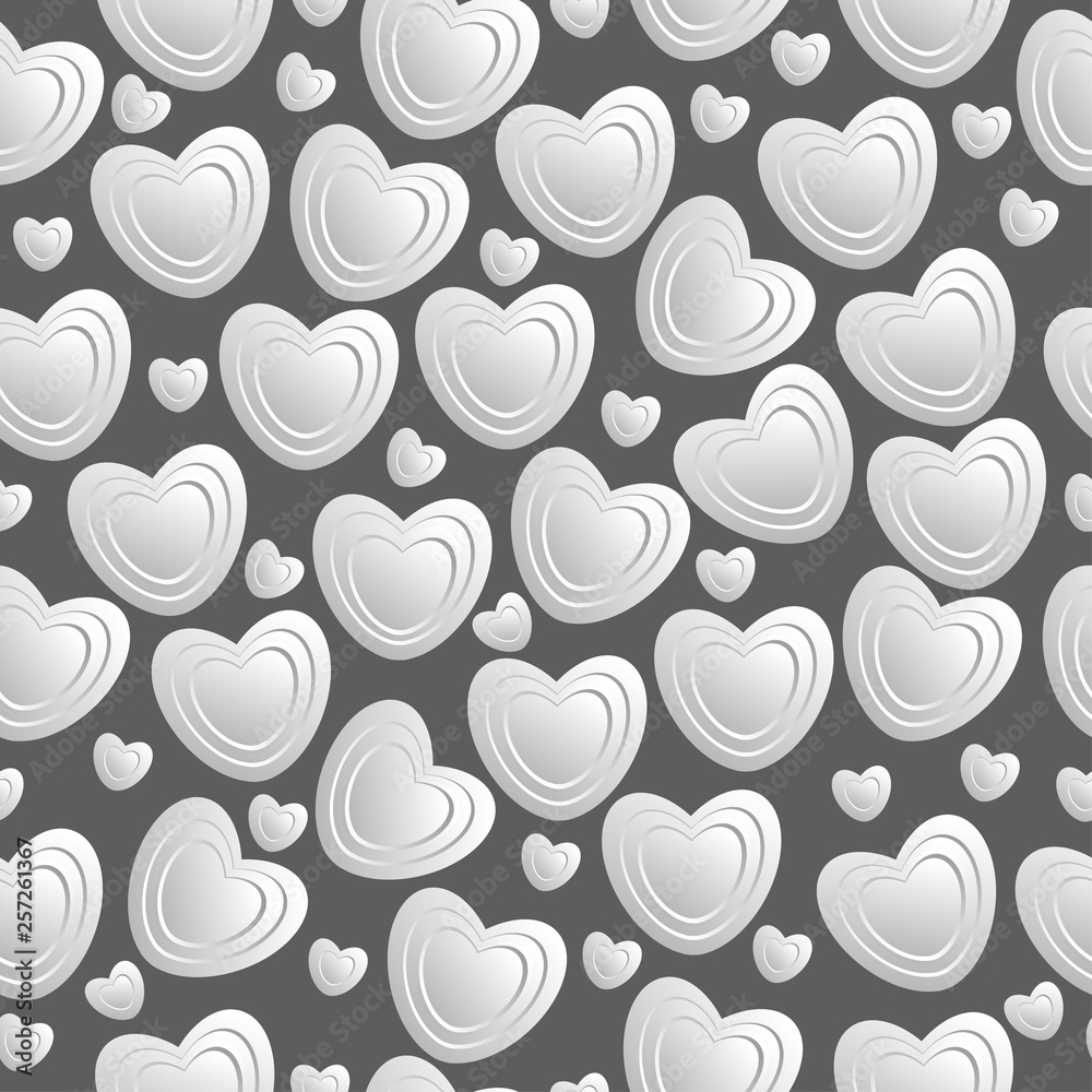 Seamless pattern of white hearts on a gray background.