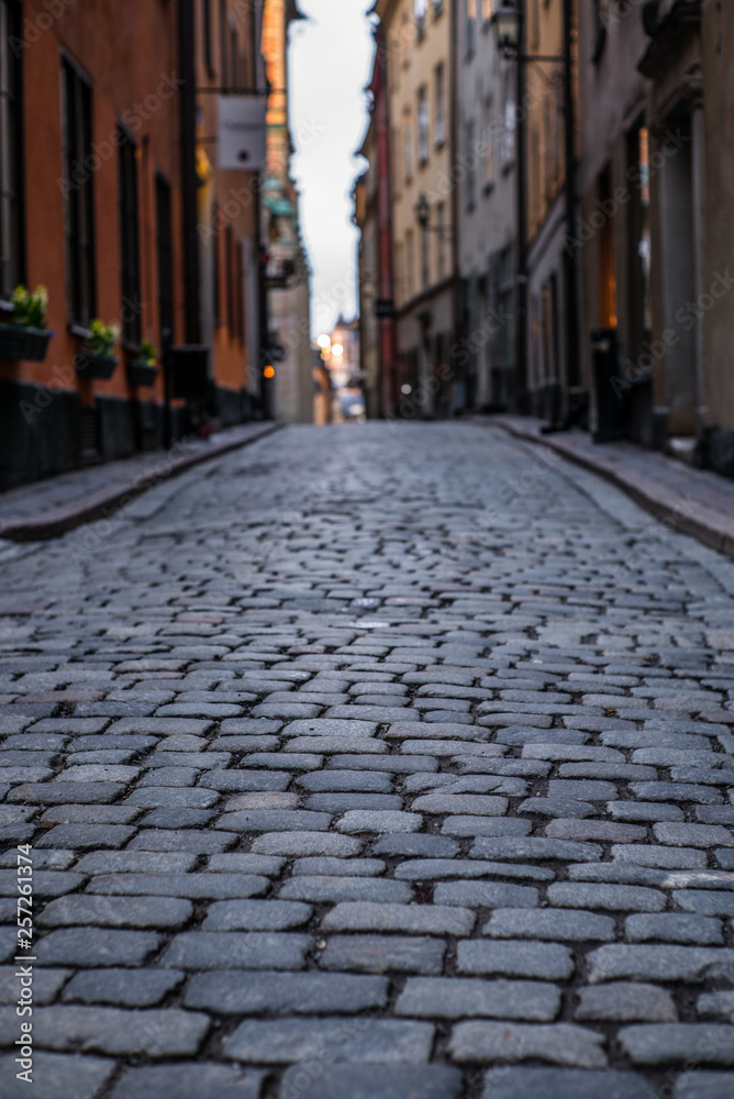 Old cobbled narrow street with coilorful houses in Stockholm in the morning - 5