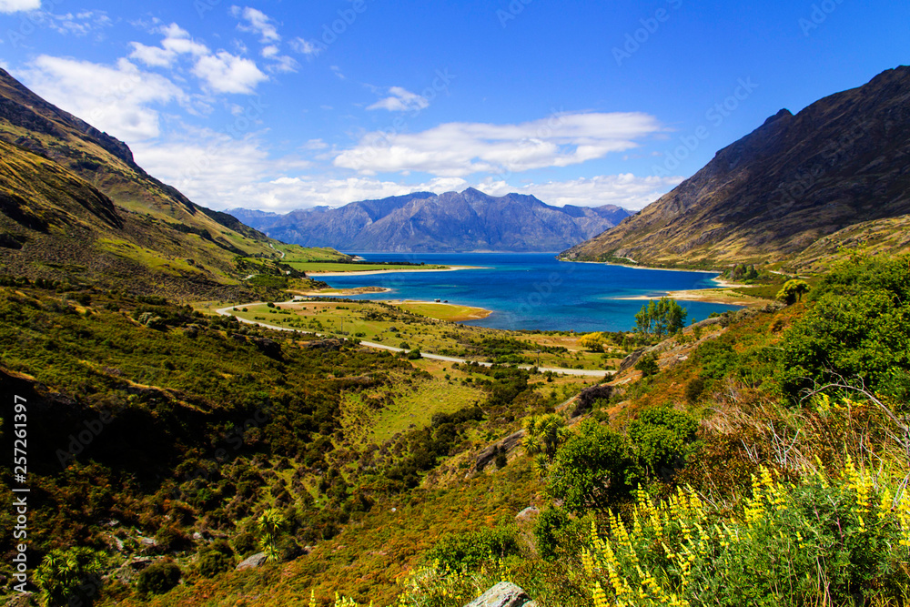 Landscape with mountains, lake in New Zealand
