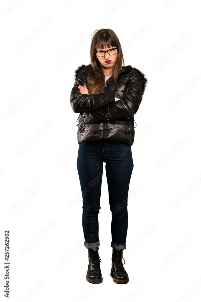 Full-length shot of Woman with glasses feeling upset Full-length shot of Woman with glasses feeling upset