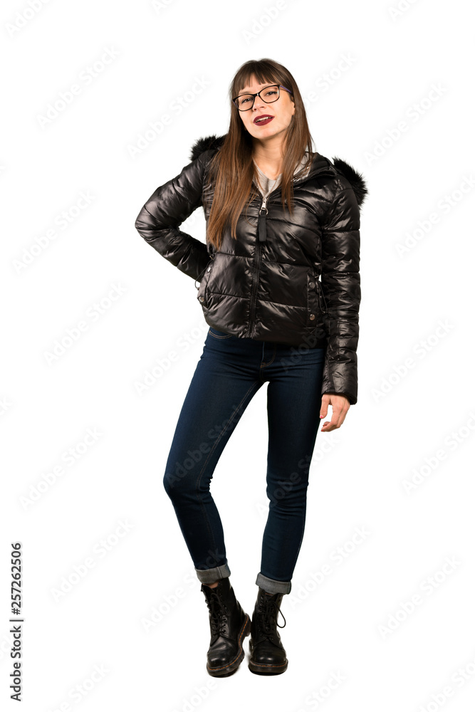 Full-length shot of Woman with glasses smiling Full-length shot of Woman with glasses smiling