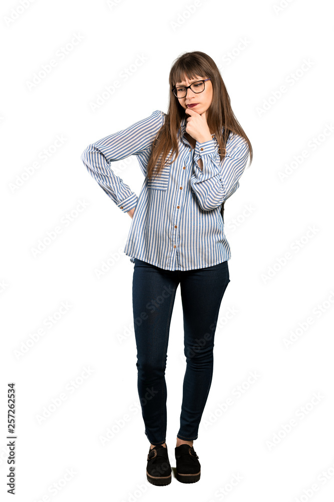 Full-length shot of Woman with glasses thinking Full-length shot of Woman with glasses thinking