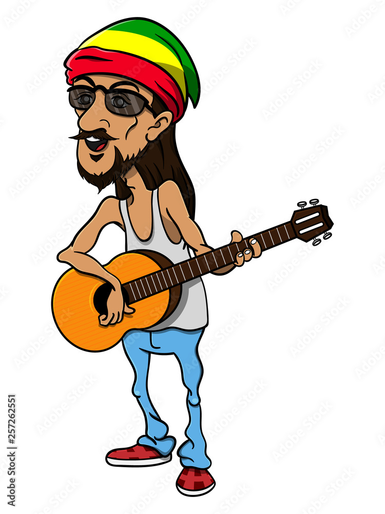 Vecteur Stock Rasta man wearing caps with red, yellow, and green color  playing acoustic guitars with Reggae style Cartoon Vector | Adobe Stock