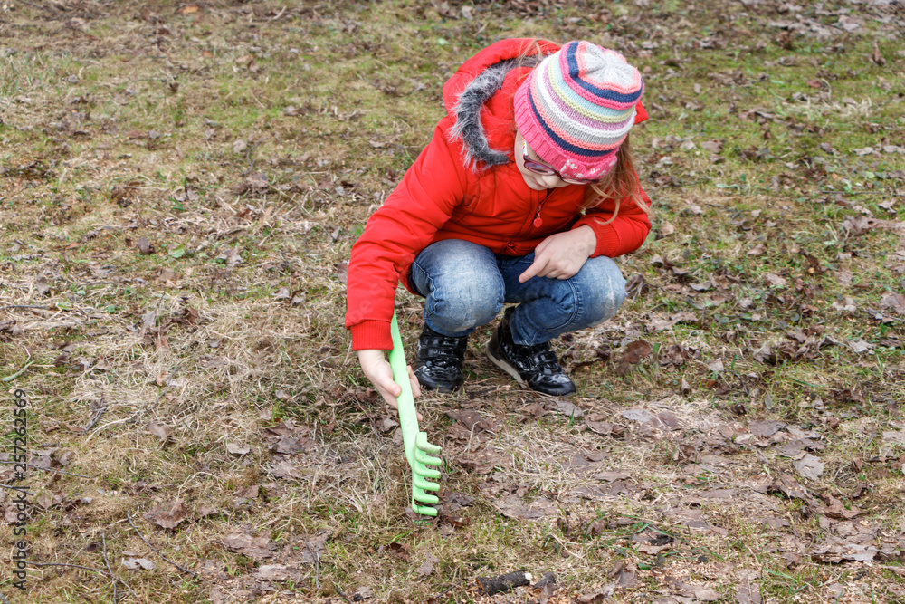 girl cleans fallen leaves in the park in spring girl cleans fallen leaves in the park in spring