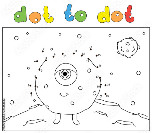 Cartoon monster on the suface of Moon. Dot to dot game for kids