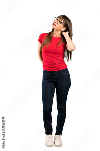 Full-length shot of Woman with glasses thinking an idea while scratching head