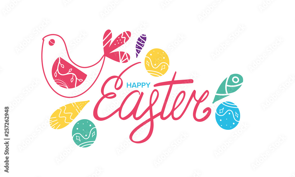 Happy Easter handwriting calligraphy. Lettering, easters eggs, bird and decorative elements. Design for holiday greeting card, invitation, poster, banner or background. Vector illustration 