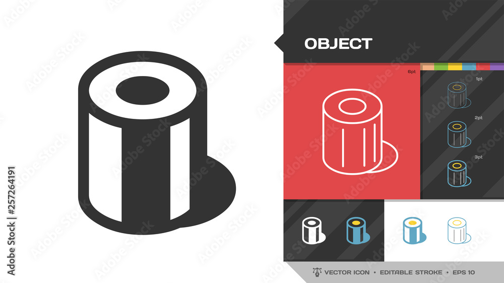 Object black glyph silhouette and editable stroke thin outline single icon with volume isometric geometric cylinder.