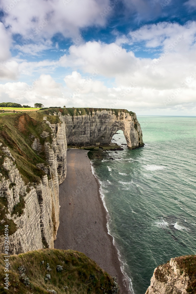 he famous white natural cliffs Aval of Etretat and beautiful famous coastline, Normandy, France, Europe