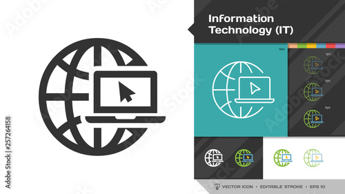 Information technology IT icon black glyph silhouette and editable stroke thin outline single with global internet network communication tech and laptop computer info symbols.