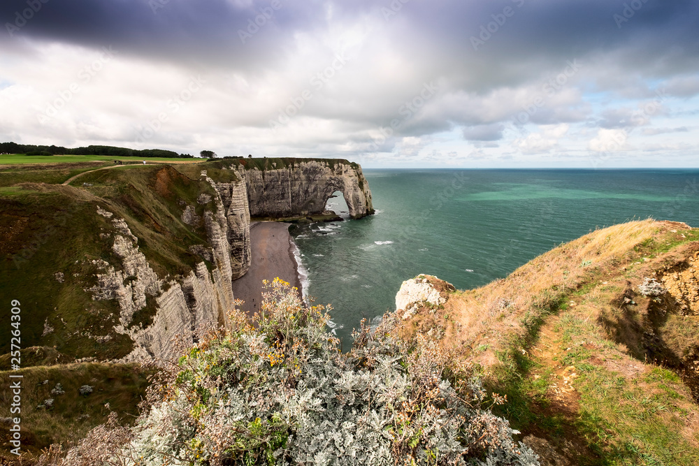 he famous white natural cliffs Aval of Etretat and beautiful famous coastline, Normandy, France, Europe