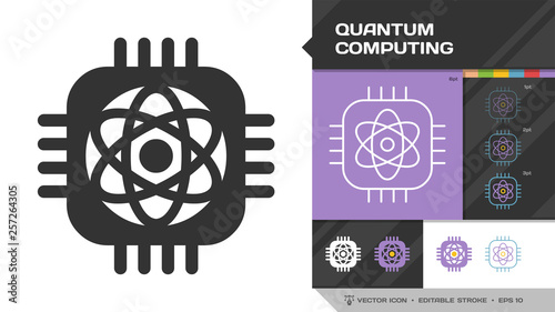 Quantum computing black glyph silhouette and color editable stroke thin outline single icon with future intelligence computer processor chip symbol.