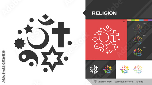 Religion black glyph silhouette and color editable stroke thin outline single icon with christian cross, jewish star of David, islamic star and crescent, chinese yin and yang symbols. photo