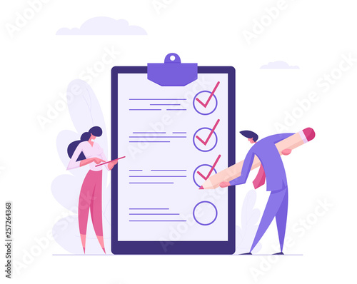 Businessman Character Mark Checklist with Pen. Businesswoman Completion Business Task. Goal Achievements Planning Schedule Concept. Flat Vector Cartoon Illustration