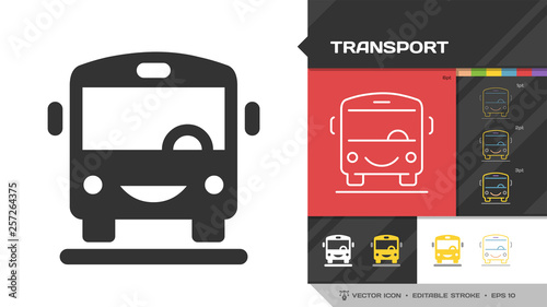 Transport black glyph silhouette and editable stroke thin outline single icon with public bus vehicle transportation sign.