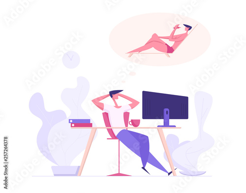 Happy Businessman Relaxing at Office Workplace and Dreaming About Tropical Vacation. Male Character Sitting at Work Table with Computer Thinking about Summer Beach. Flat Vector Cartoon Illustration