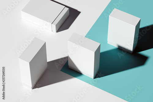 Fototapeta Naklejka Na Ścianę i Meble -  Isolated white realistic cardboard boxes on light blue background. 3d rendering.