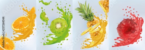 Fruit juice, pineapple, kiwi, orange, raspberry. Fresh fruits. Fruit splashes close up. Vector illustration.