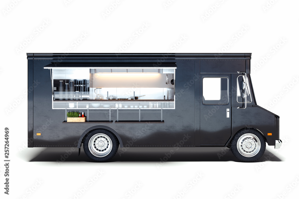 Black realistic food truck isolated on white. 3d rendering. Stock