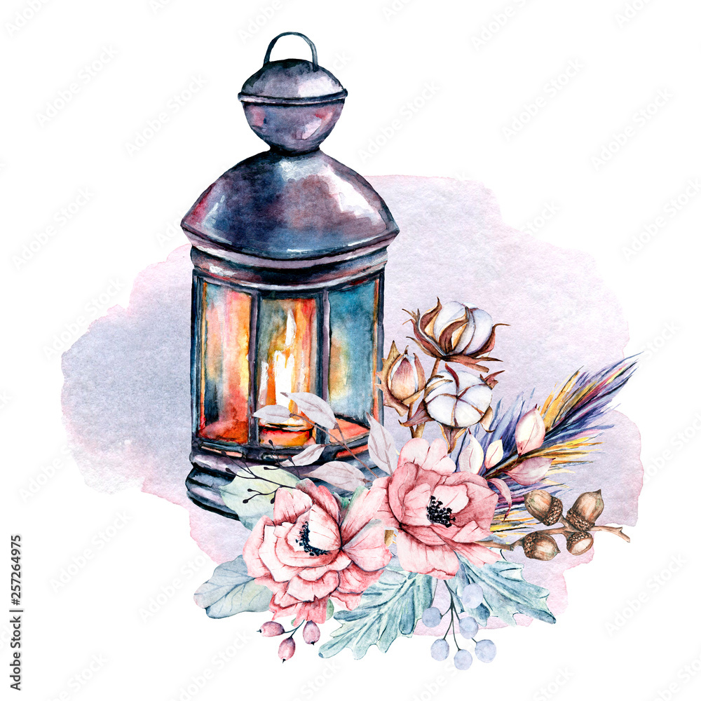 Ramadan lantern, candle, candlestick, watercolor flowers, leaf. Holiday  design of greeting cards, invitations, posters, stickers, banners and so  on. Isolated on white. Hand drawing. Stock Illustration | Adobe Stock