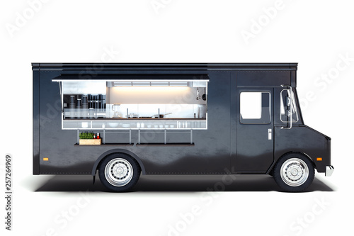 Black realistic food truck isolated on white. 3d rendering.