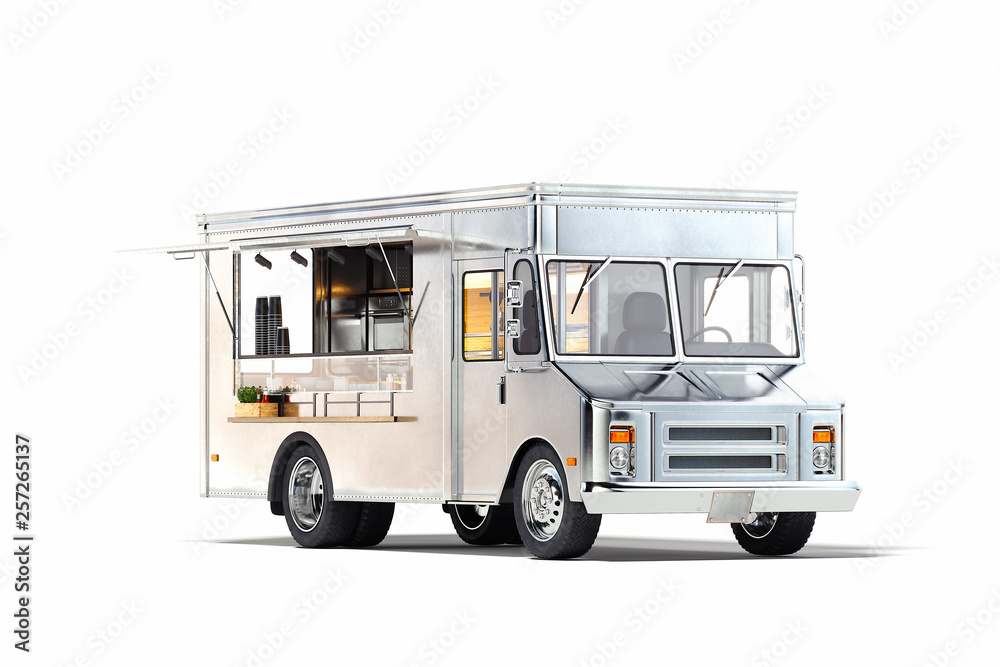 White realistic food truck isolated on white. 3d rendering.