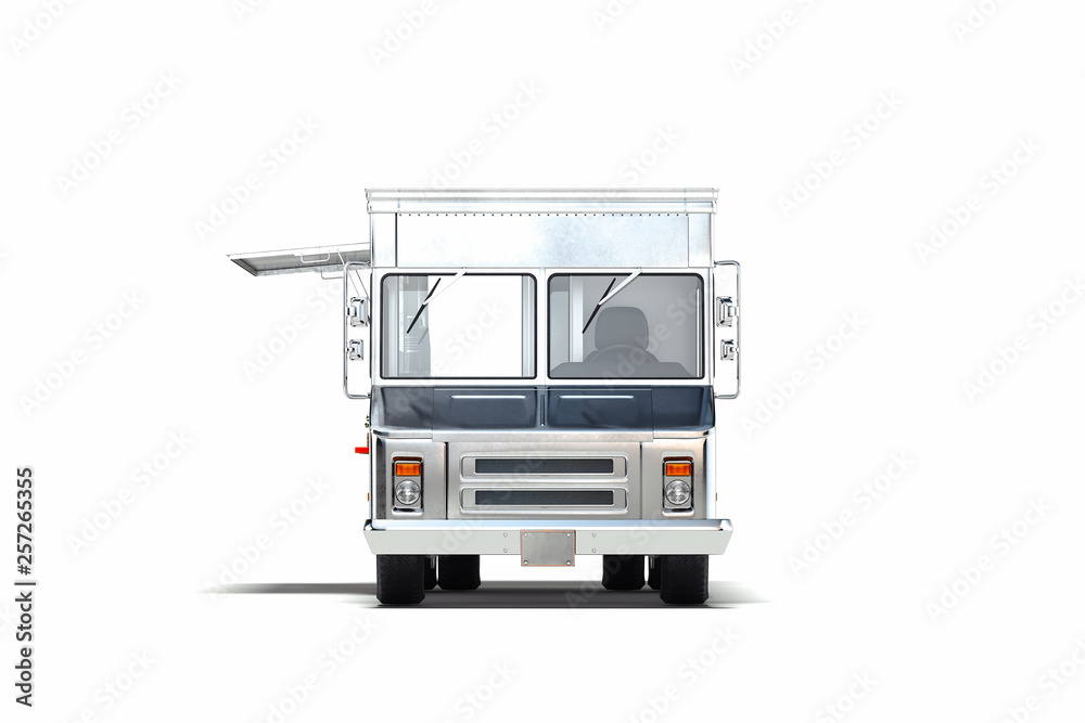 Silver metallic realistic food truck isolated on white. 3d rendering.