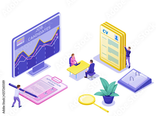 Job agency isometric infographic landing page template with 3d employer hiring talent  worker, candidates search work via human resource mobile app, office business people, vector illustration