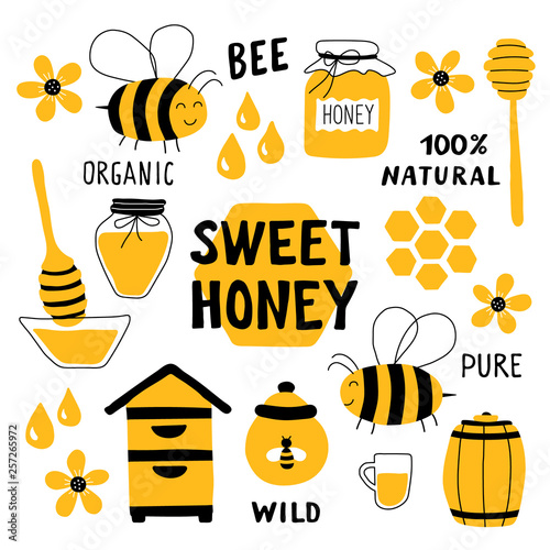 Honey funny doodle set. Beekeeping, apiculture: bee, hive, spoon, honeycomb, jar, pot. Hand drawn vector illustration. Cute cartoon organic food collection, isolated on white. Sweet honey title.
