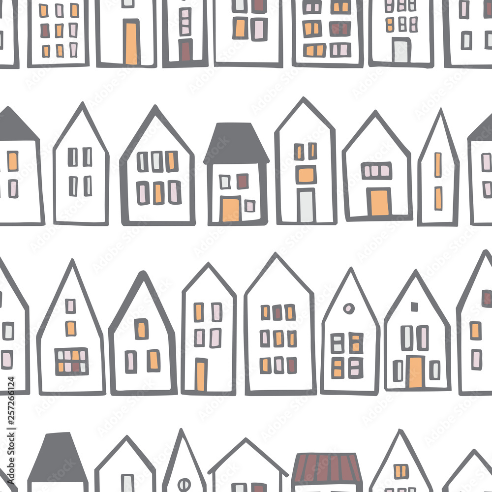 Hand drawn houses. Vector  seamless pattern