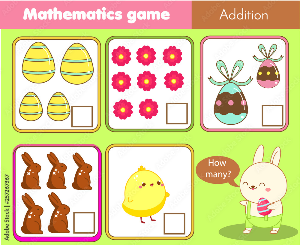 Easter activity. Counting educational children game. Mathematics activity for kids and toddlers. How many objects. Study math, numbers, addition
