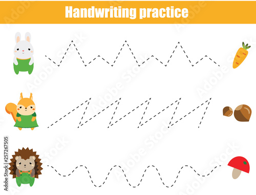 Preschool handwriting practice sheet. Educational children game. Printable worksheet for kids and toddlers. Tracing lines