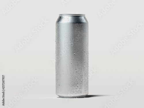 Aluminum beer or soda can with droplets isolated on white, 3d rendering.