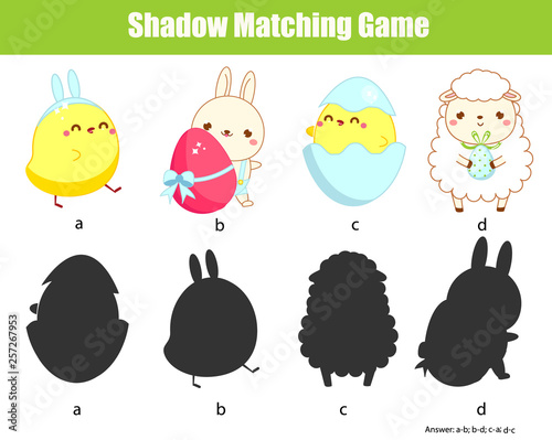 Shadow matching game. Find silhouette. Easter activity for toddlers and pre school age kids.