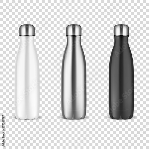 Vector Realistic 3d White, Silver and Black Empty Glossy Metal Reusable Water Bottle with Silver Bung Set Closeup on Transparency Grid Background. Design template of Packaging Mockup. Front View