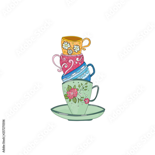 Cute retro coffee cups and tea cups stacked, vector illustration