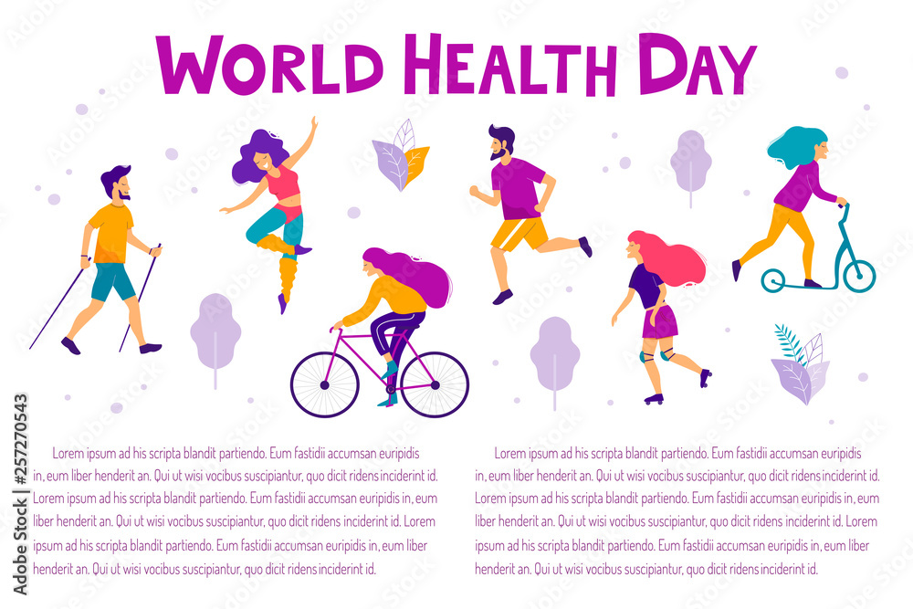 World health day vector illustration. Healthy lifestyle concept. Different physical activities. World health day vector illustration. Healthy lifestyle concept. Different physical activities.